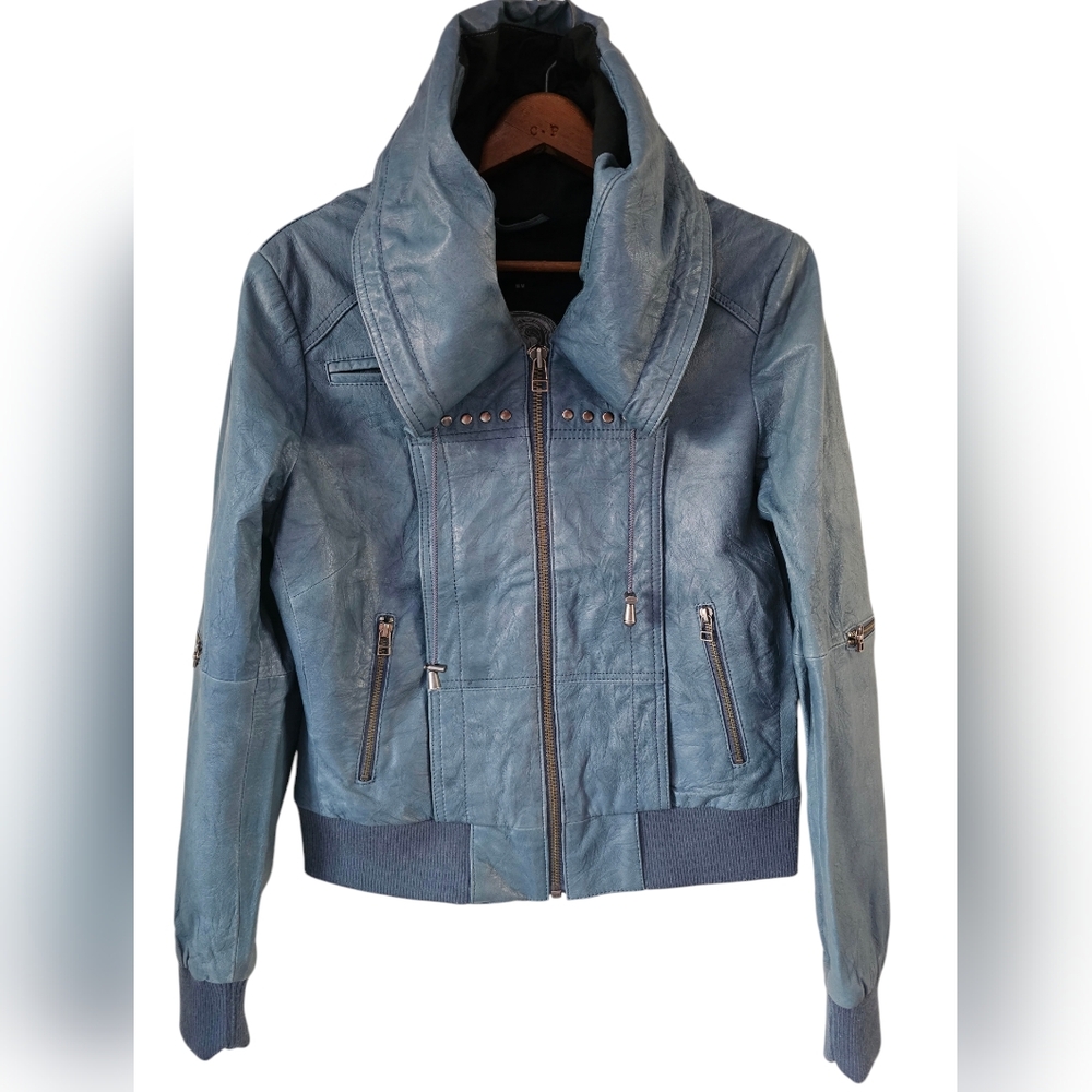Blue Women's Leather Jacket with High Collar